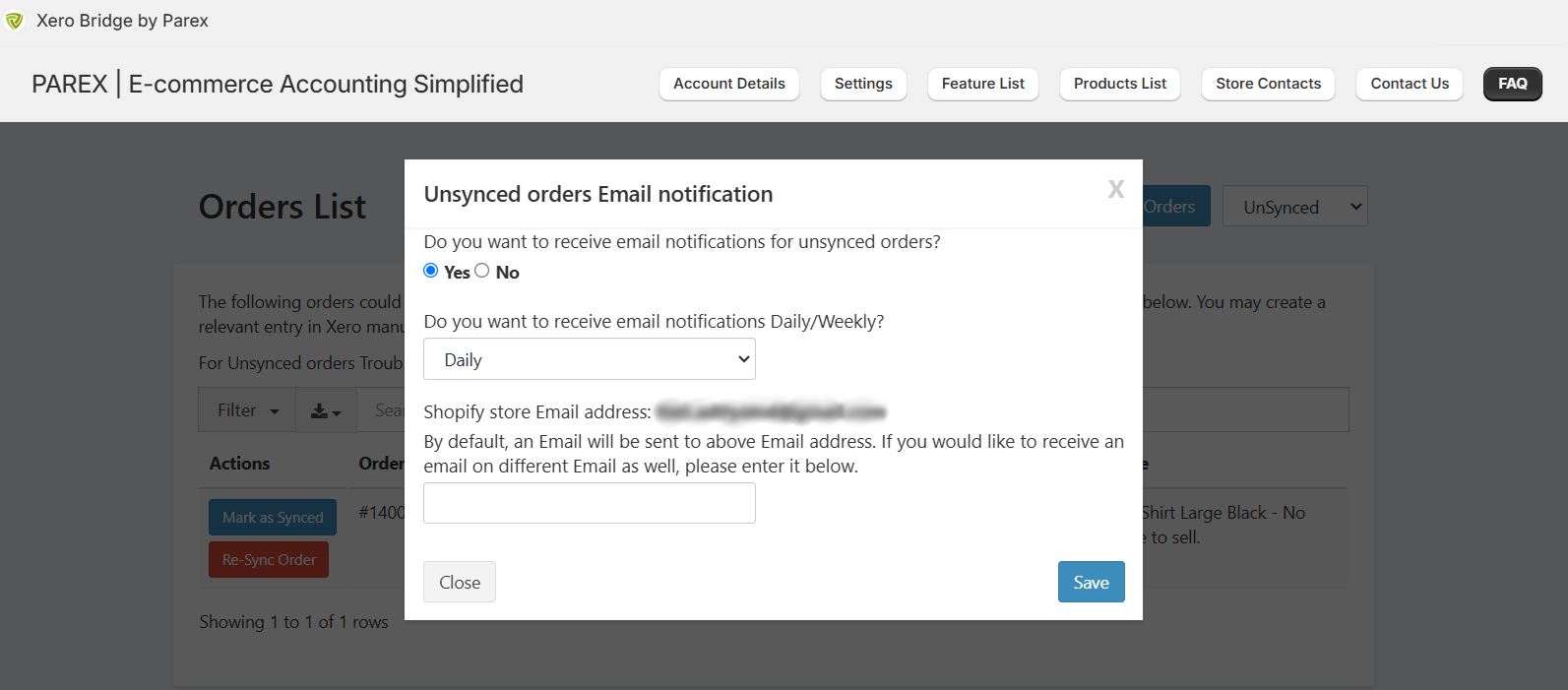 Settings for email notification of unsynced orders in Xero Bridge app